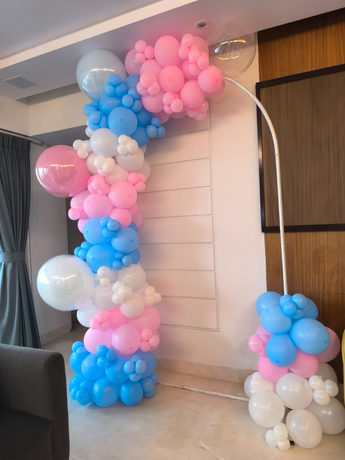 Pink, blue and white pastel balloon arch used for bride to be and shower celebrations by Star Balloon