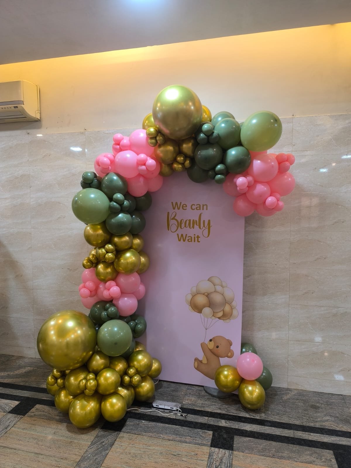 We Can Bearly Wait baby shower balloon arch in sage green, pink and gold by Star Balloon