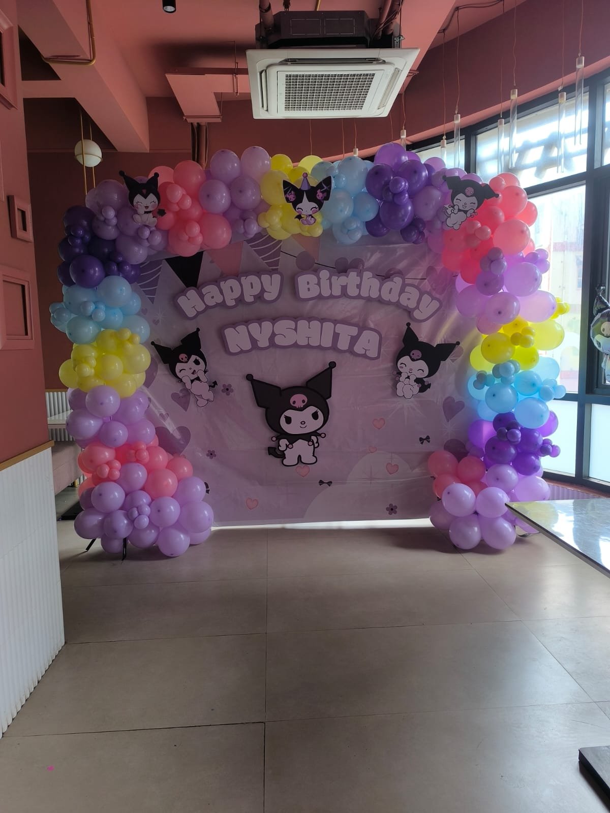 Kuromi theme pastel balloon arch birthday party decoration by Star Balloon Mumbai