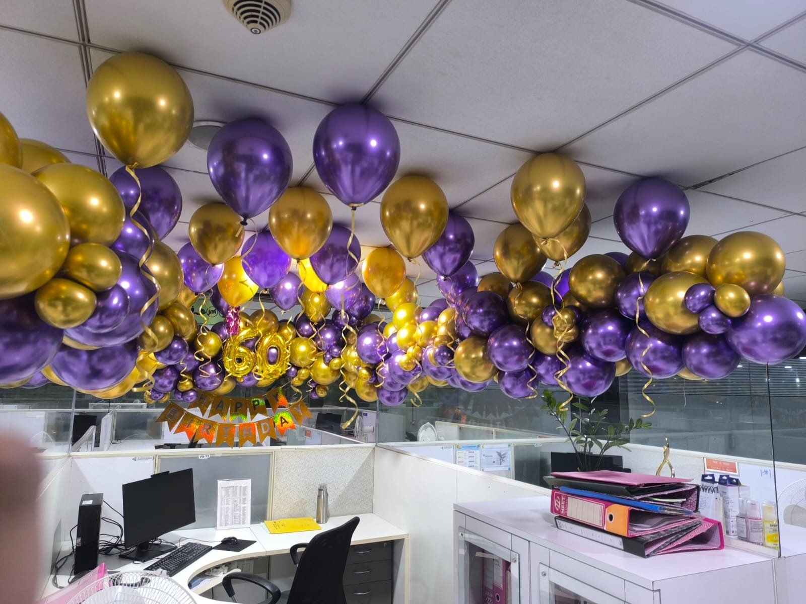 Purple and gold ceiling balloon decoration for office corporate birthday celebration by Star Balloon