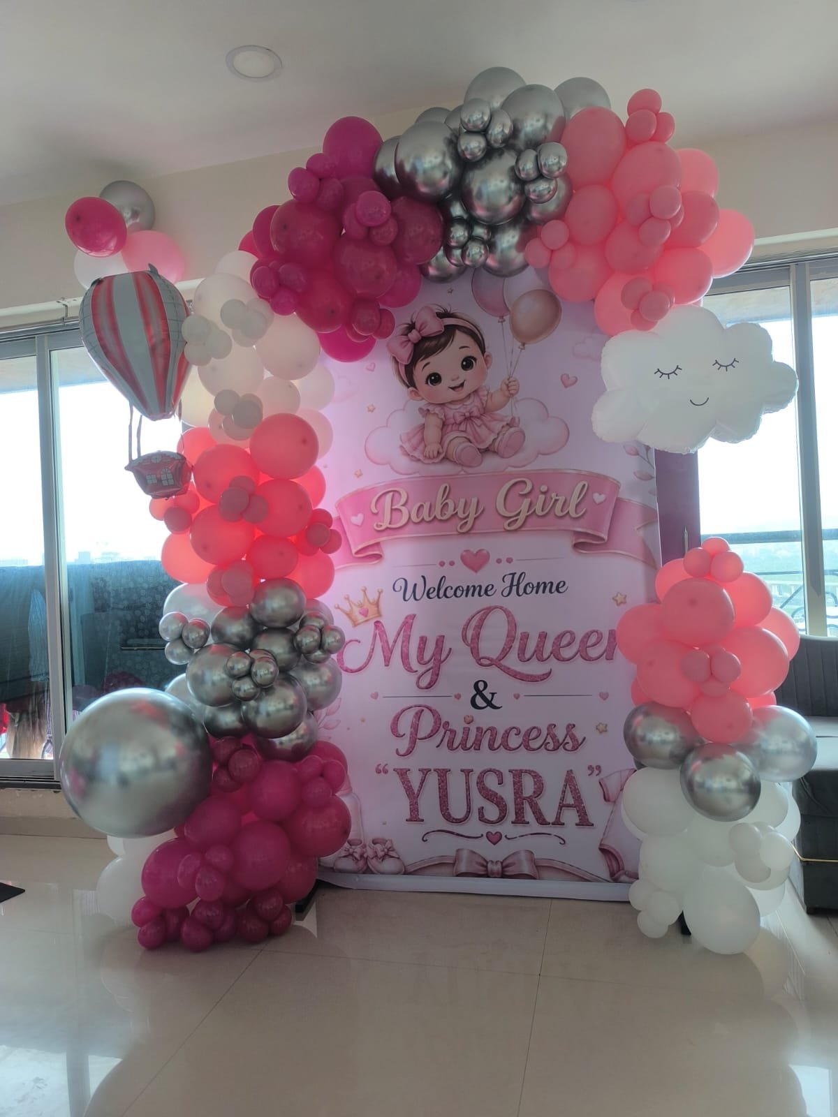 Baby girl naming ceremony balloon backdrop in pink and silver by Star Balloon